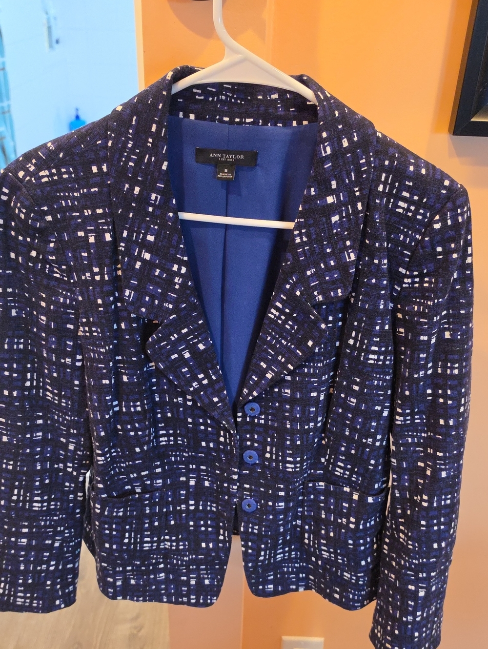 Ann Taylor blue cross hatch print blazer size 8